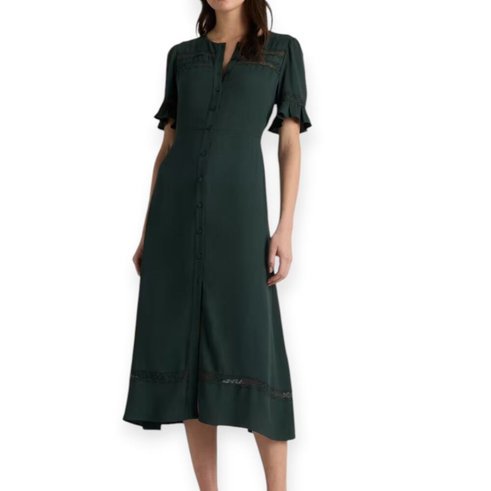 NWT Quince Lightweight Crepe Lace Inset Midi Dress Size Small Forest Green